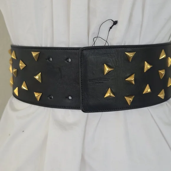 Nwot Saint Laurent Paris Black LeatherBelt w/ Gold Studs Size M Italy
